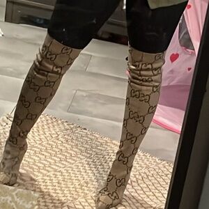 Tan inspired Over-the-Knee sock Boots with Logo Pattern